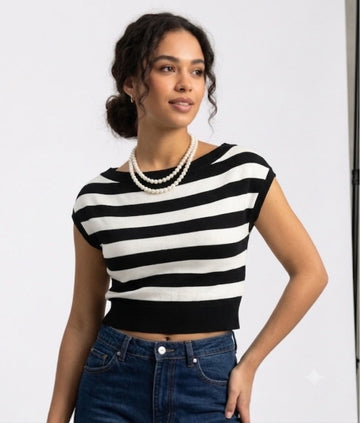 Black & White Striped Crop Knit Top | JJays Clothing