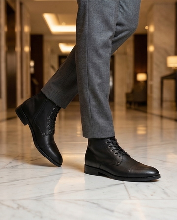 Men's smooth black leather cap-toe boots with matching black laces and side zipper on a concrete pedestal."