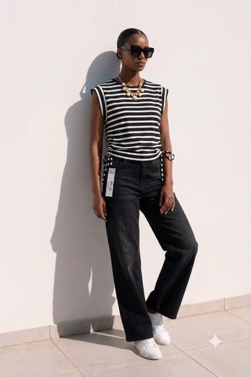 Women’s Black & White Striped Sleeveless Side-Tie Top
