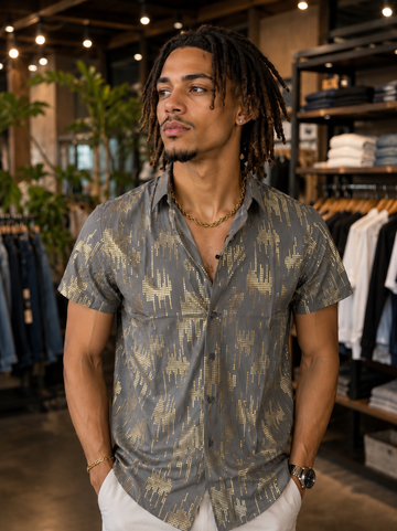 Men’s Gray & Gold Abstract Print Short Sleeve Button-Up Shirt