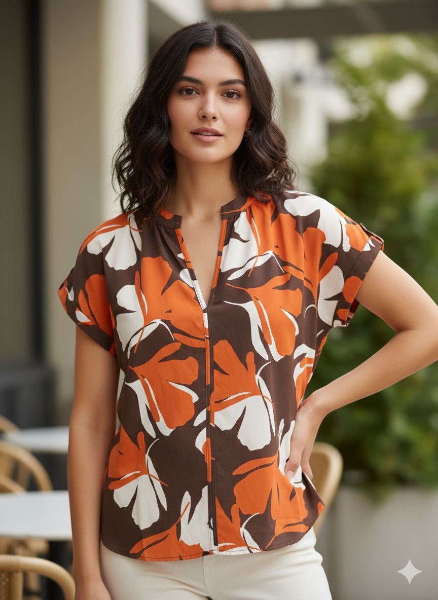 Women’s Orange Floral Blouse – Casual Short Sleeve Summer Top