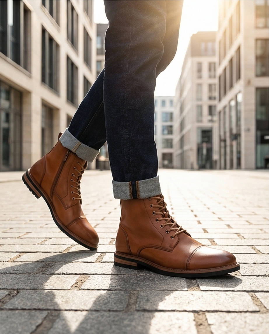 Men's Cognac Full-Grain Leather Cap-Toe Boots with Side Zip
