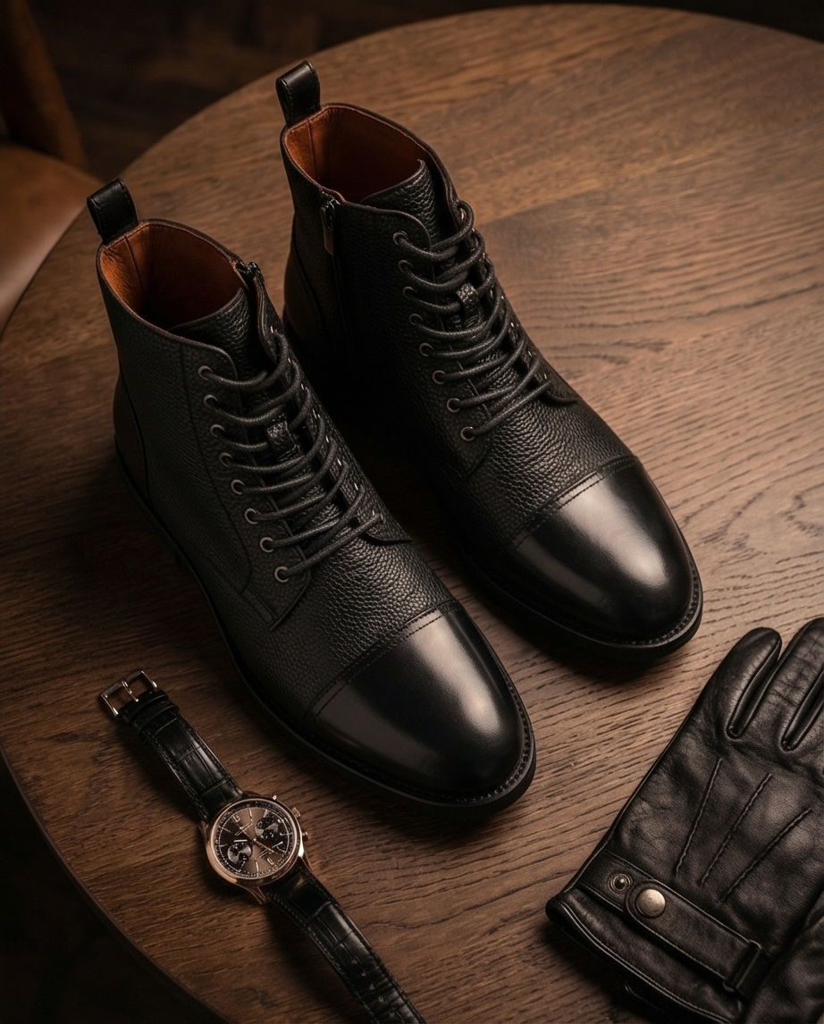 **Men’s Black Pebble-Grain Leather Boots