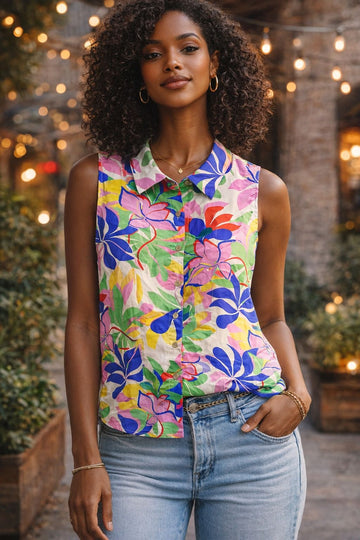Women’s Tropical Floral Sleeveless Blouse – Button-Up Summer Top