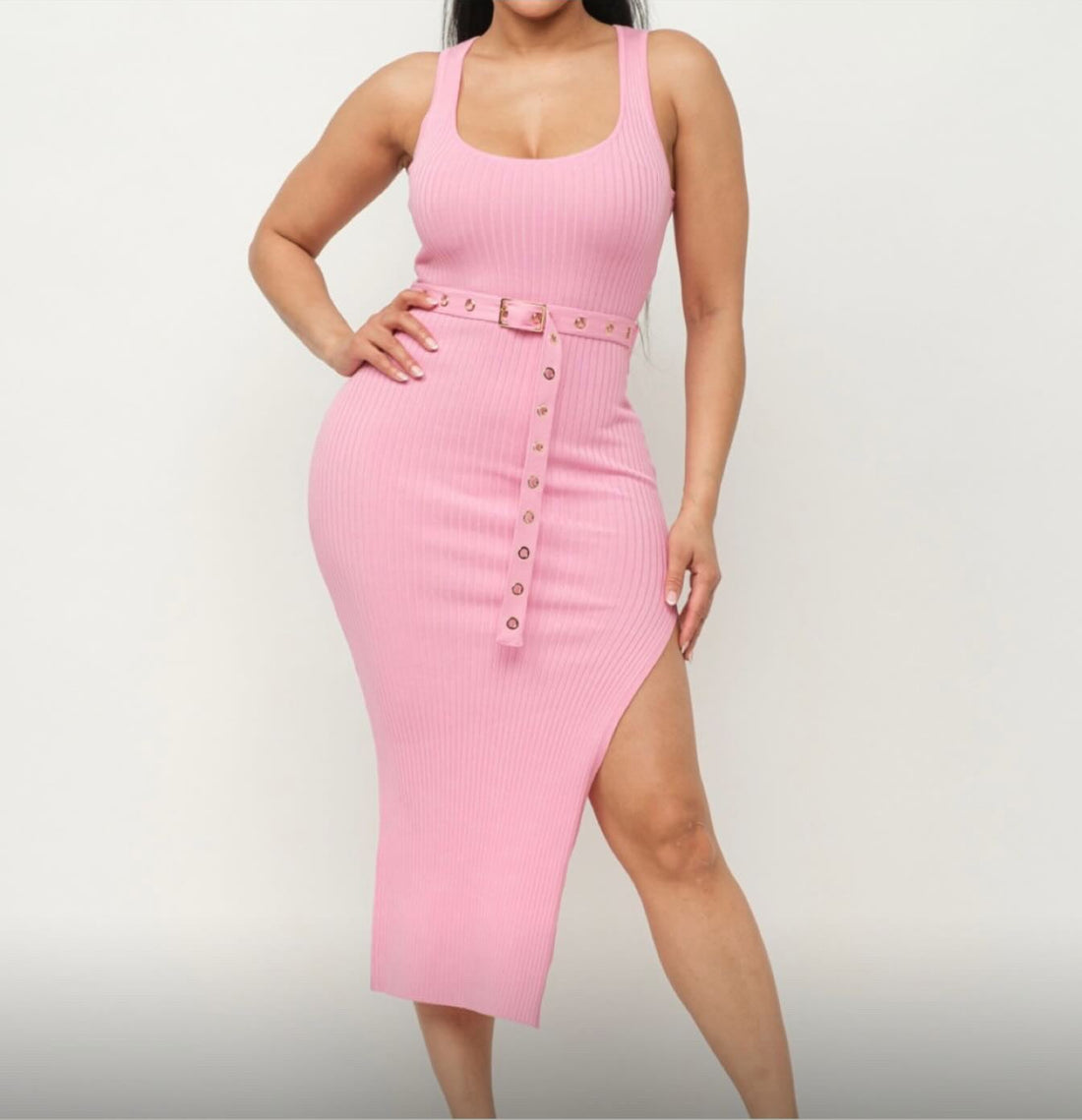 Ribbed Belted Midi Dress