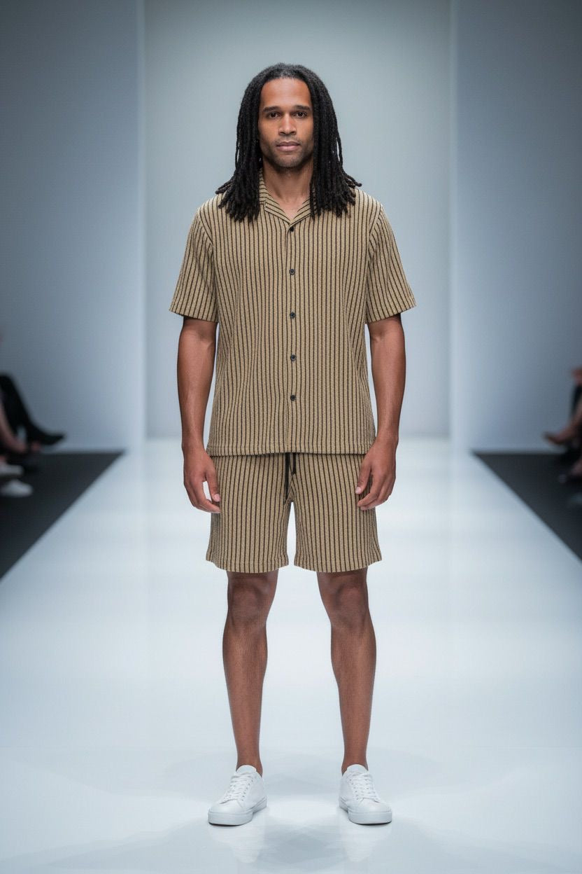 Men Ribbed Short Set-Button -up Shirt & Short