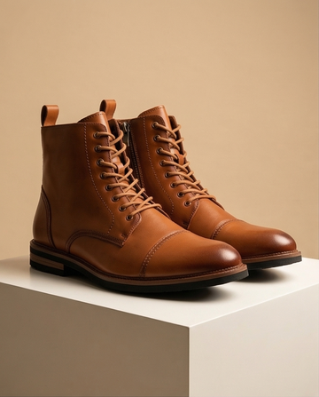 Men's Cognac Full-Grain Leather Cap-Toe Boots with Side Zip