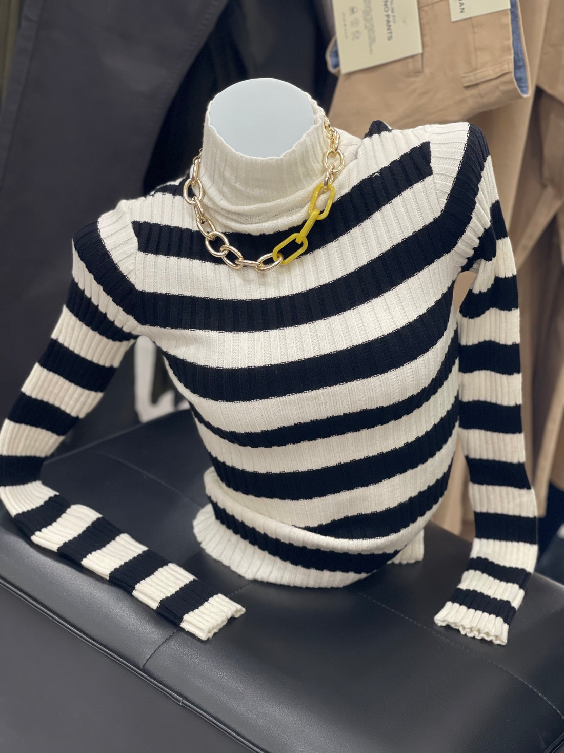 Women’s Black & White Striped Ribbed Turtleneck Sweater | JJays Clothing