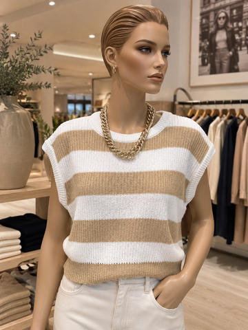 Women’s Beige & White Striped Sleeveless Knit Sweater Top