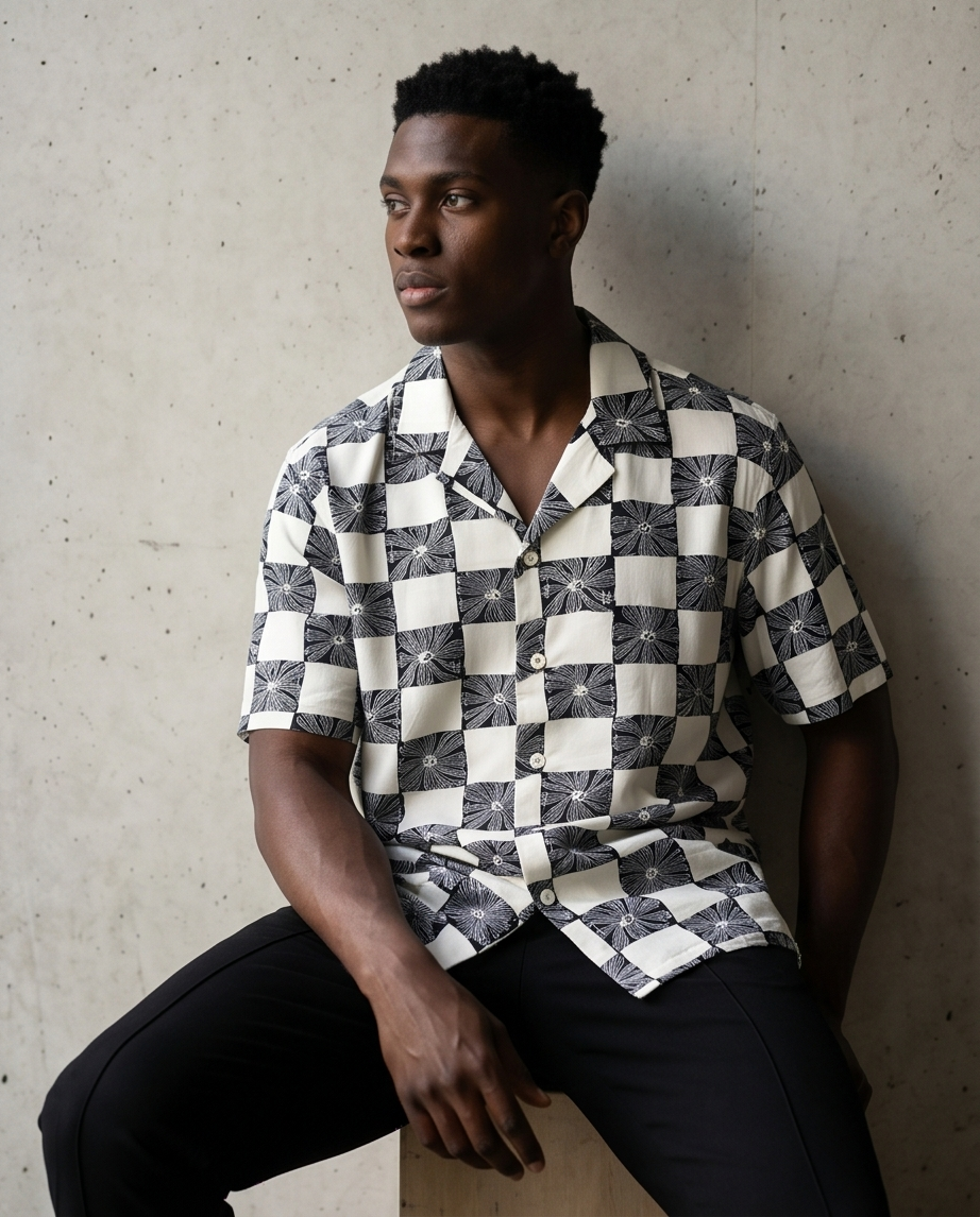 Men’s Black & White Checker Floral Print Button-Up Shirt – Casual Summer Resort Wear