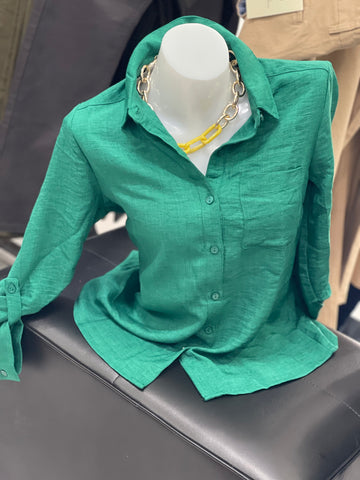 Women’s Emerald Green Linen Button-Up Shirt