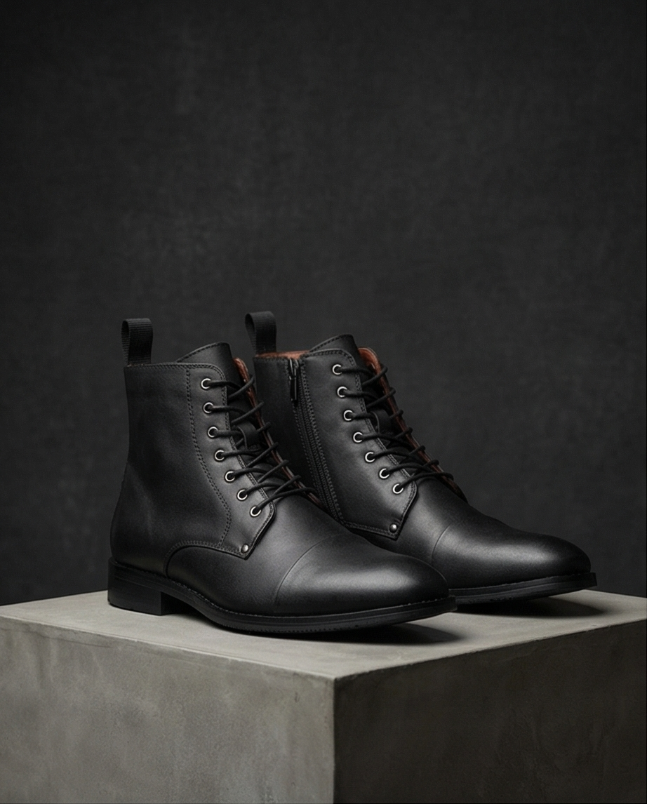 Men's smooth black leather cap-toe boots with matching black laces and side zipper on a concrete pedestal."