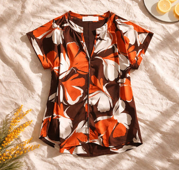 Women’s Orange Floral Blouse – Casual Short Sleeve Summer Top