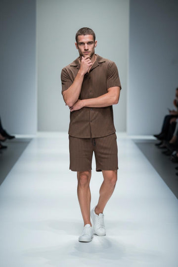Men Ribbed Short Set-Button -up Shirt & Short