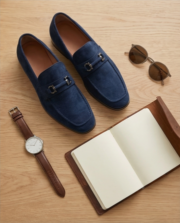 Men’s Navy Blue Suede Bit Loafers | Premium Caribbean Luxe