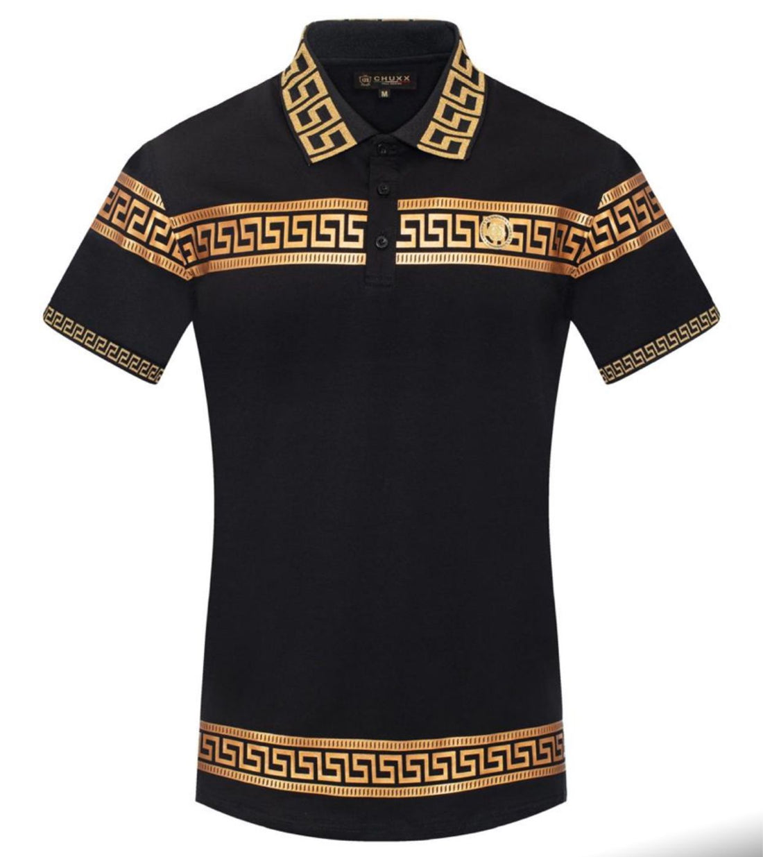 Men’s Black & Gold Greek Key Polo Shirt – Luxury Short Sleeve Top