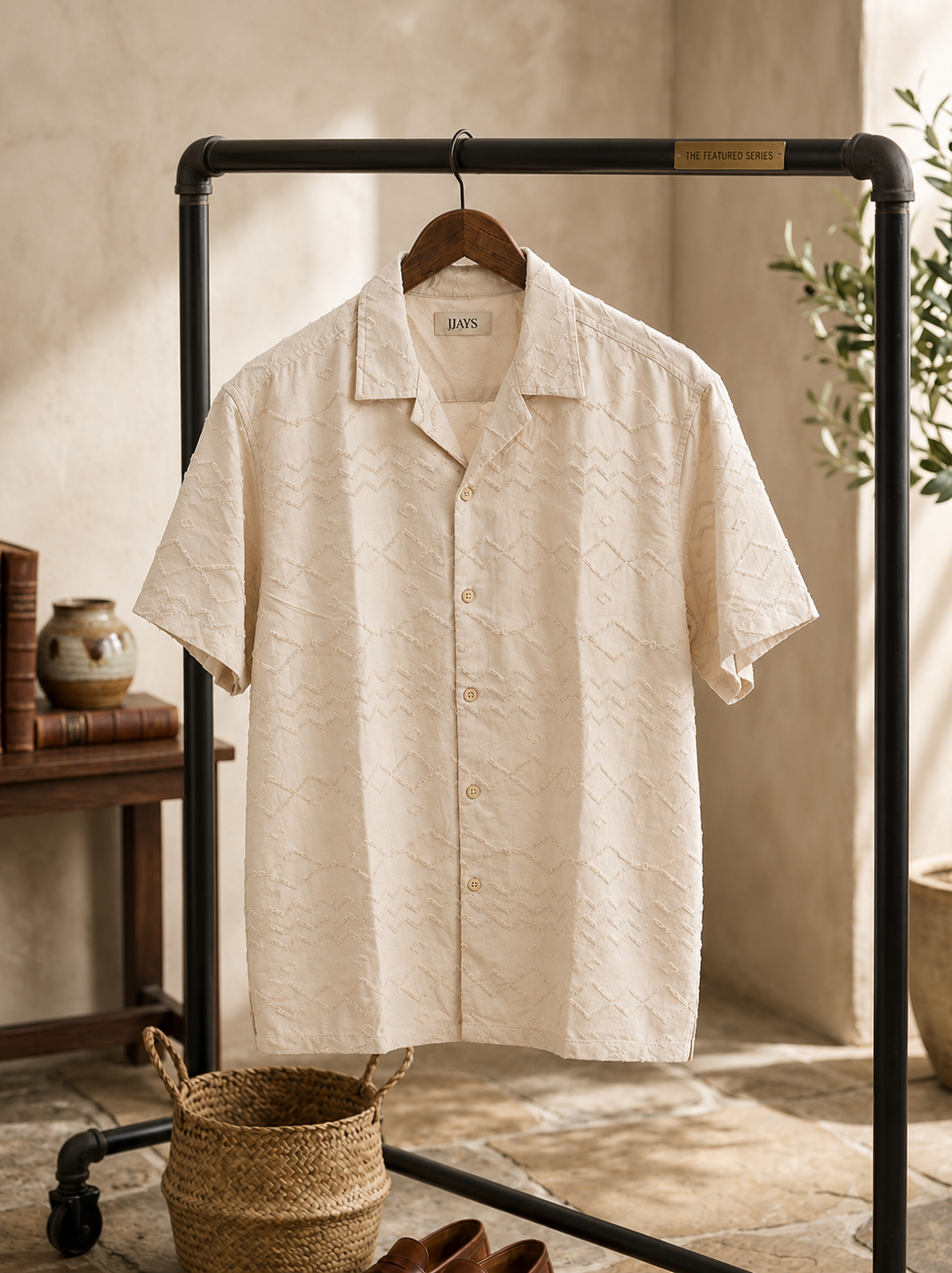 JIAVS Men's Textured Geometric Short-Sleeve Button-Up Shirt⁠ oversized