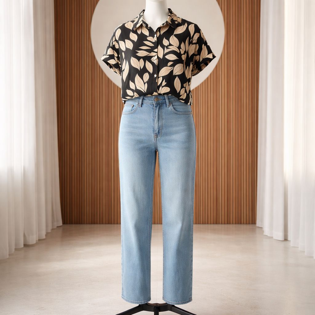 Black leaf print short sleeve button up shirt for women