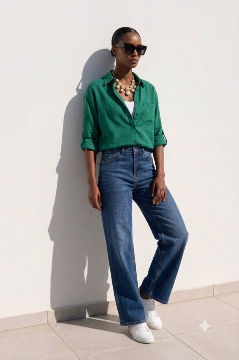 Women’s Emerald Green Linen Button-Up Shirt