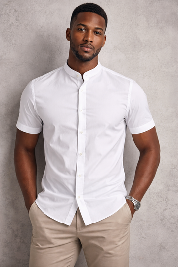 Men’s White Nero Neck Mandarin Collar Short Sleeve Shirt