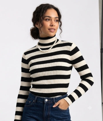 Women’s Black & White Striped Ribbed Turtleneck Sweater | JJays Clothing