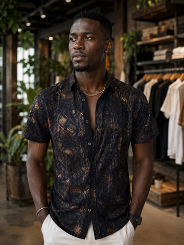 Men’s Premium Black & Bronze Geometric Print Short Sleeve Button-Up Shirt