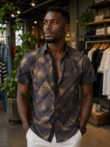 Men’s Black Geometric Print Short Sleeve Button-Up Shirt – Modern Casual Luxury Style