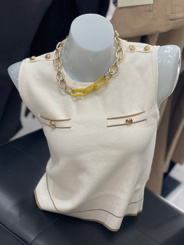 Elegant Cream Knit Sleeveless Top with Gold Button Detail