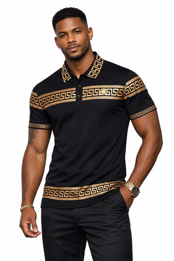 Men’s Black & Gold Greek Key Polo Shirt – Luxury Short Sleeve Top