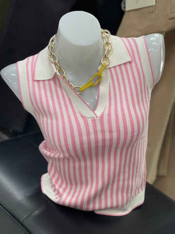 Pink & White Striped Knit Sleeveless Polo Top
