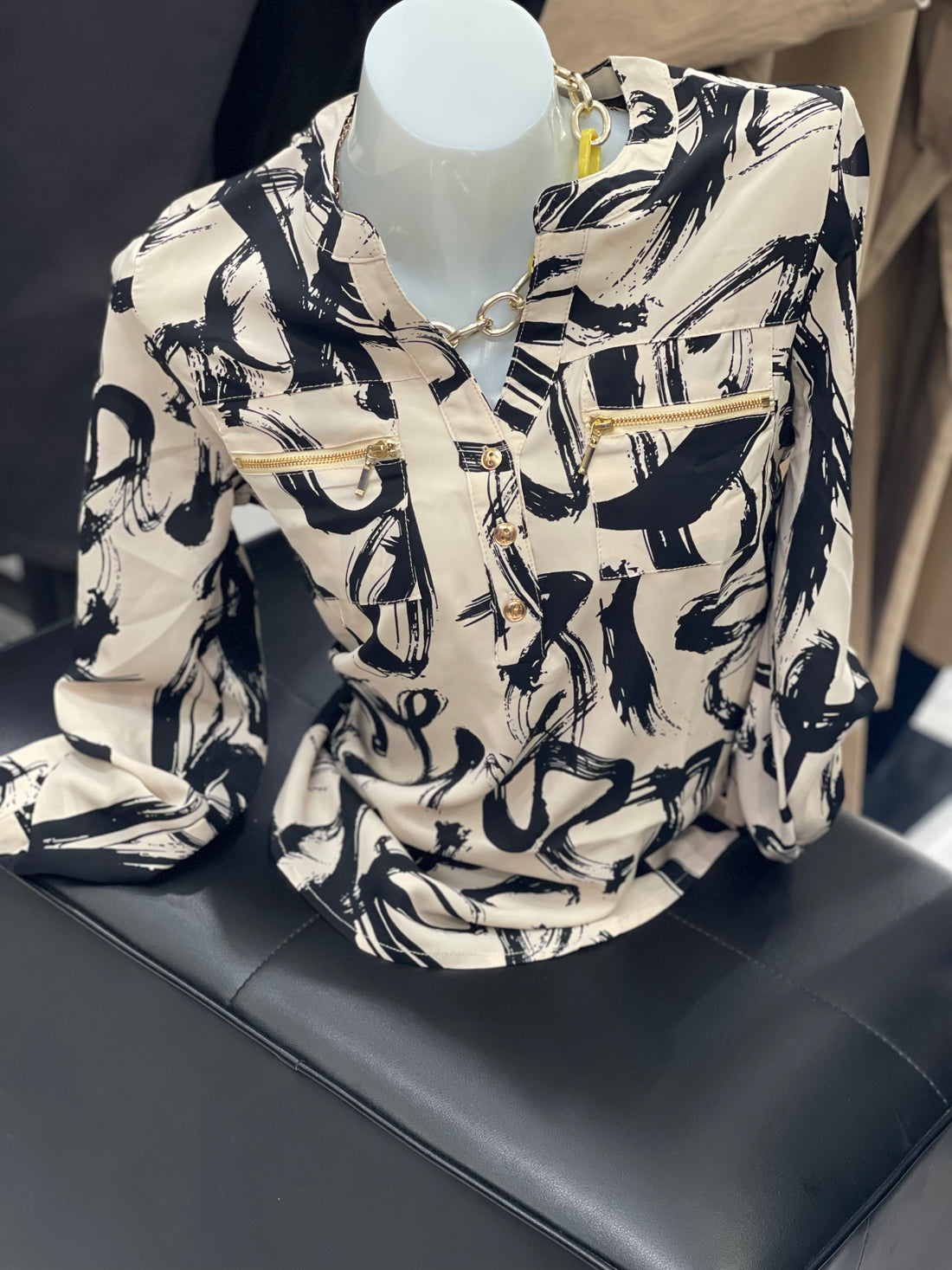 Women’s Abstract Print Blouse with Gold Zipper Pockets