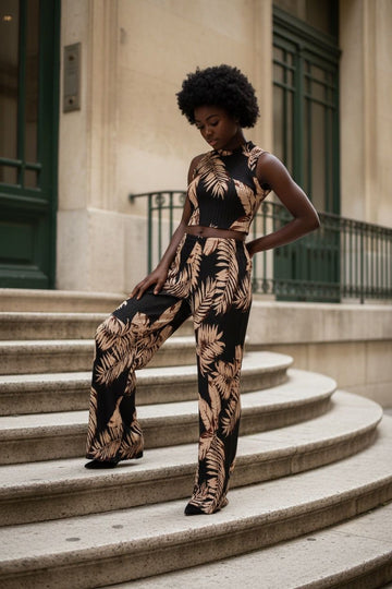 Black Leaf Print Two-Piece Women’s Matching Set