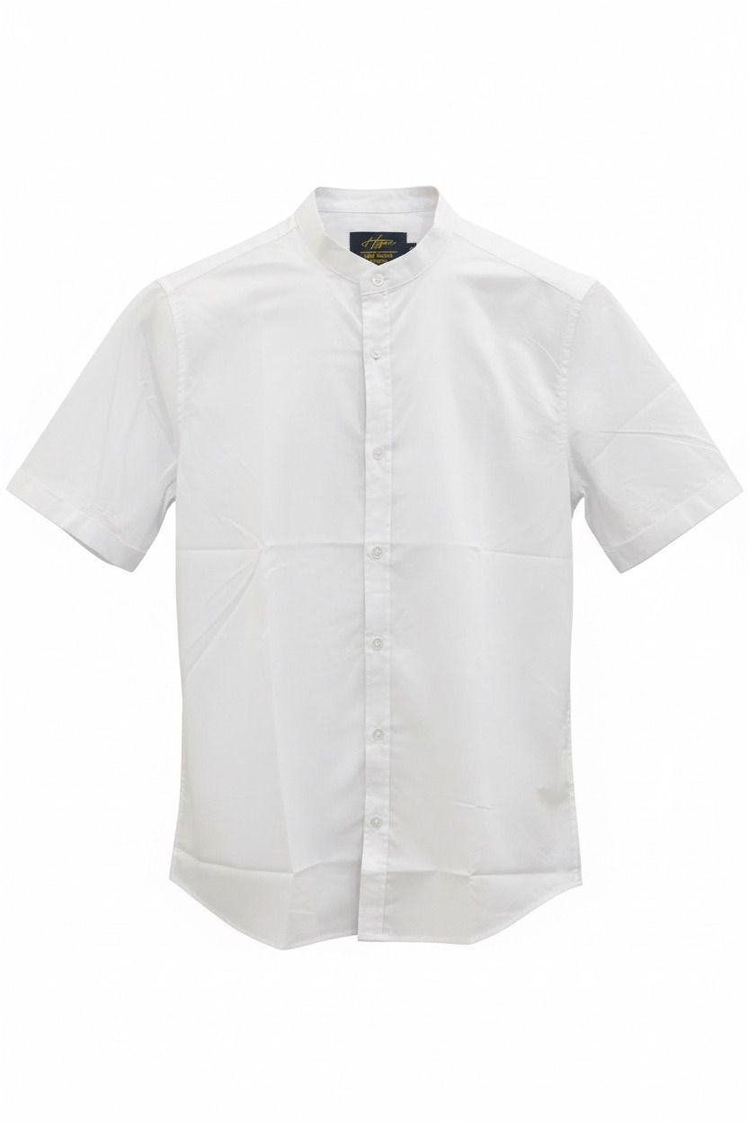 Men’s White Nero Neck Mandarin Collar Short Sleeve Shirt