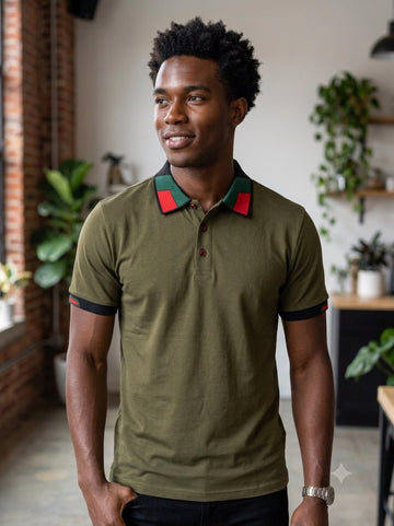 Men's Contrast Collar Polo Shirt – Olive Green Premium Short Sleeve Polo