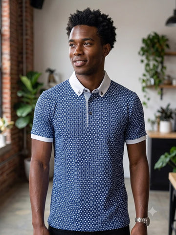 Men's Geometric Print Polo Shirt – Navy Blue Premium Short Sleeve Polo