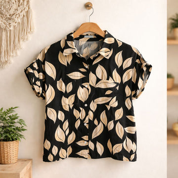 Black leaf print short sleeve button up shirt for women