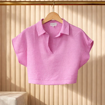 Pink Short Sleeve Collared Crop Blouse – Casual Summer Top