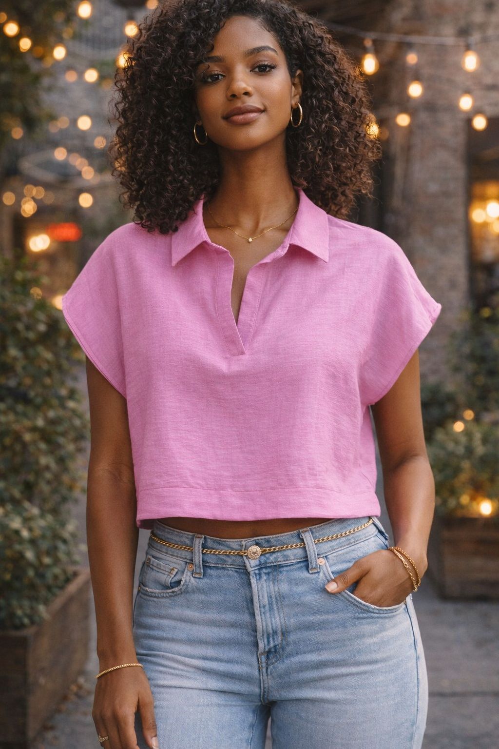 Pink Short Sleeve Collared Crop Blouse – Casual Summer Top